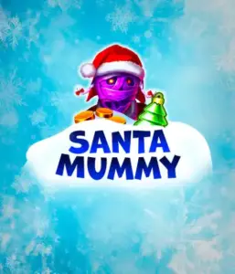  Discover the quirky "Santa Mummy" slot game by Belatra, highlighting a Santa-clad mummy decked out in festive holiday attire. This eye-catching image captures the mummy with a vivid purple hue, wearing a Santa hat, surrounded by snowy blue with icy snowflakes. The game's title, "Santa Mummy," is prominently displayed in large, frost-like blue letters.